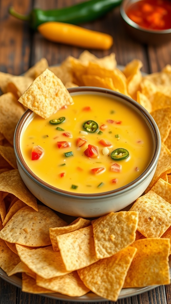 Creamy queso dip in a bowl with tortilla chips on a wooden table.